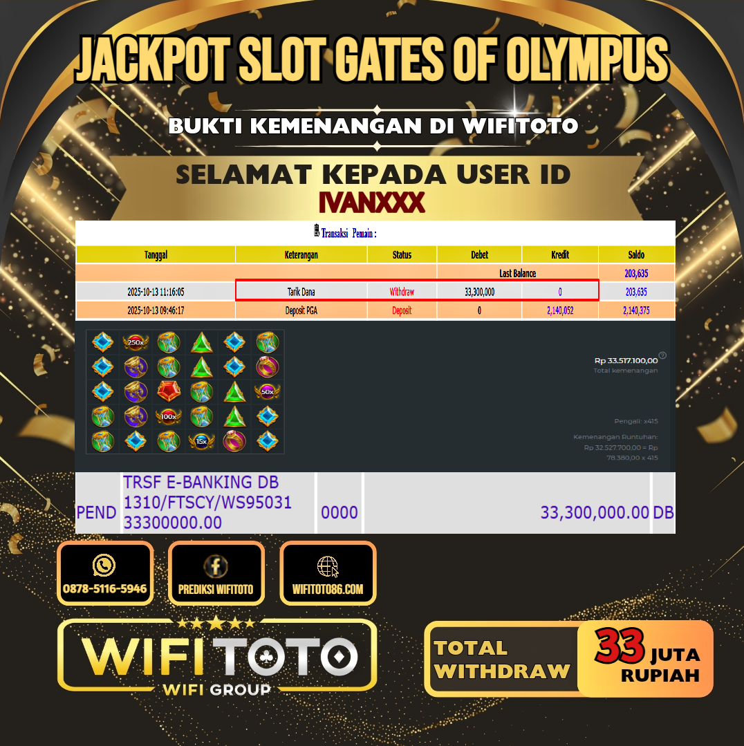 WIFITOTO JACKPOT SLOT GATES OF OLYMPUS RP.33.000.000.,-LUNAS USER ID : IVAN***