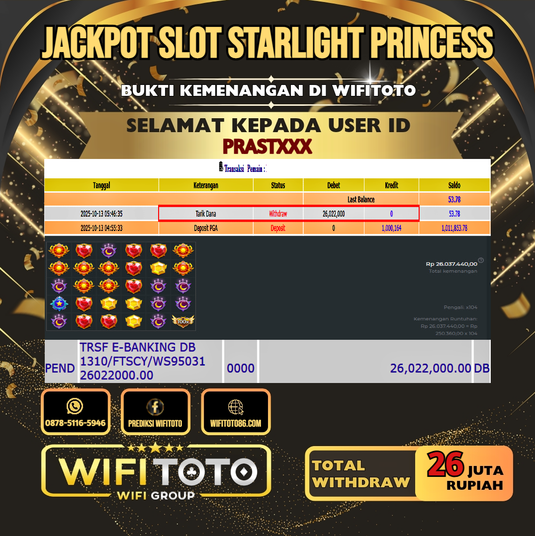 WIFITOTO JACKPOT SLOT STARLIGHT PRINCESS RP.26.000.000.,-LUNAS USER ID : PRAST***
