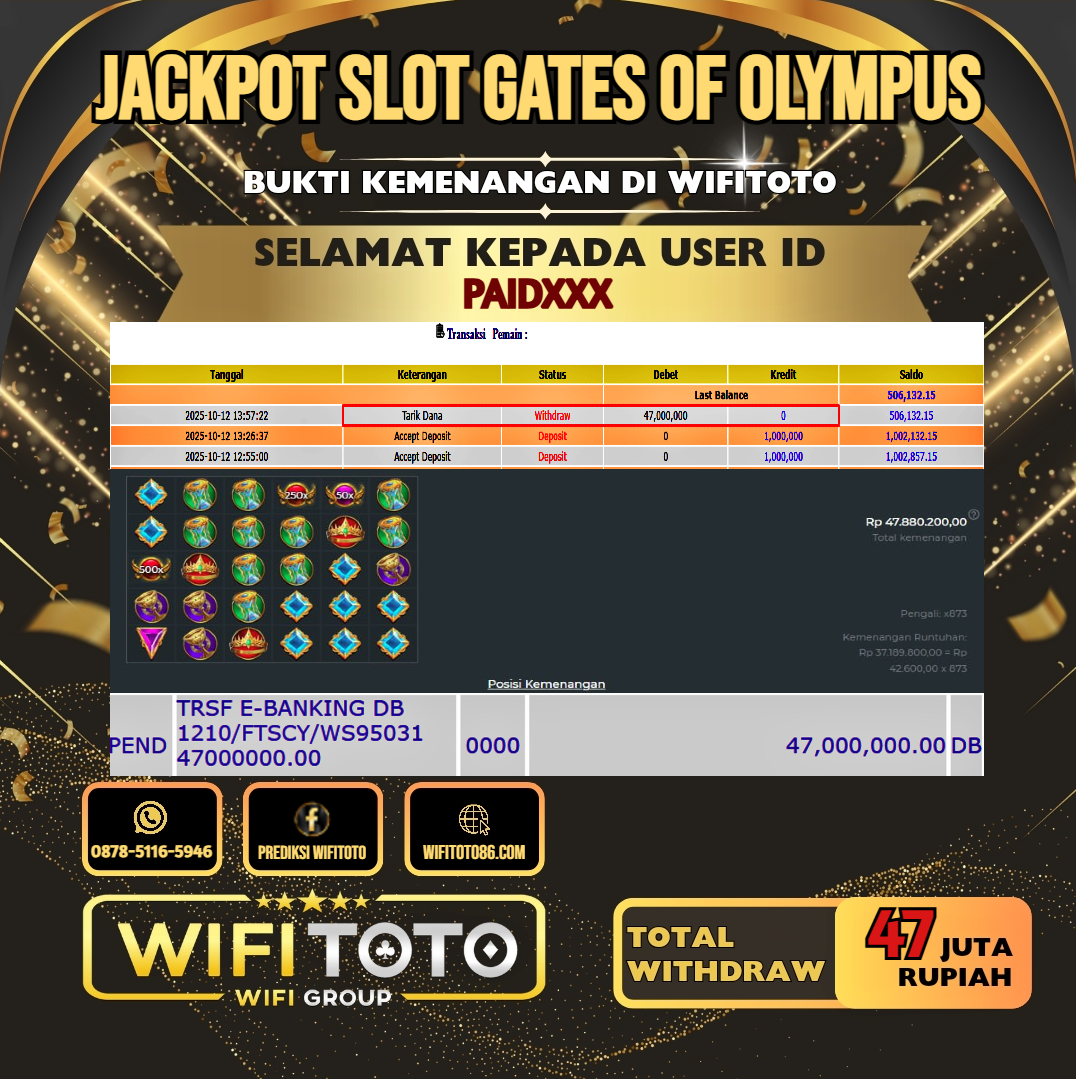 WIFITOTO JACKPOT SLOT GATES OF OLYMPUS RP.47.000.000.,-LUNAS USER ID : PAID***