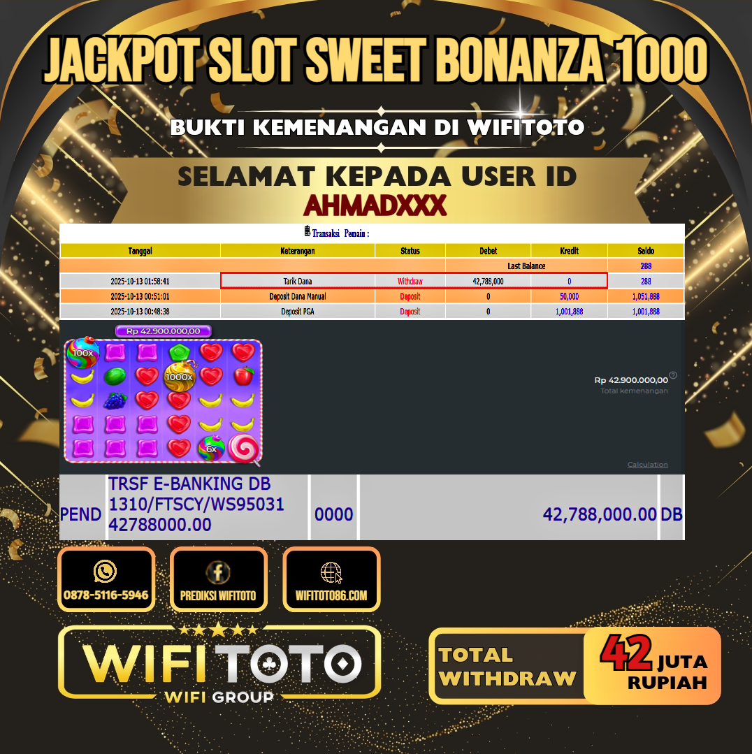 WIFITOTO JACKPOT SLOT SWEET BONANZA 1000 RP.42.000.000.,-LUNAS USER ID : AHMAD***