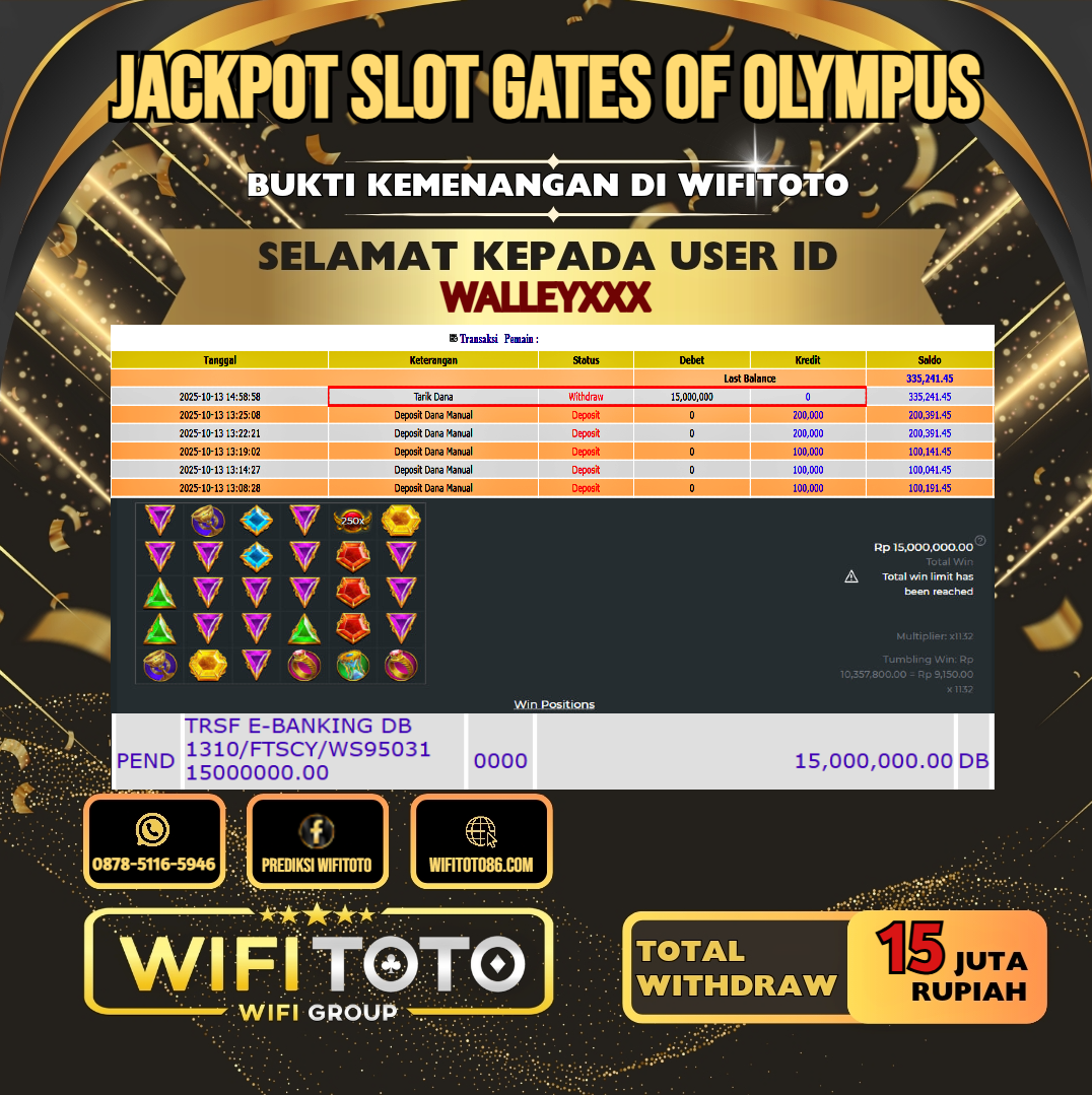 WIFITOTO JACKPOT SLOT GATES OF OLYMPUS RP.15.000.000.,-LUNAS USER ID : WALLEY***