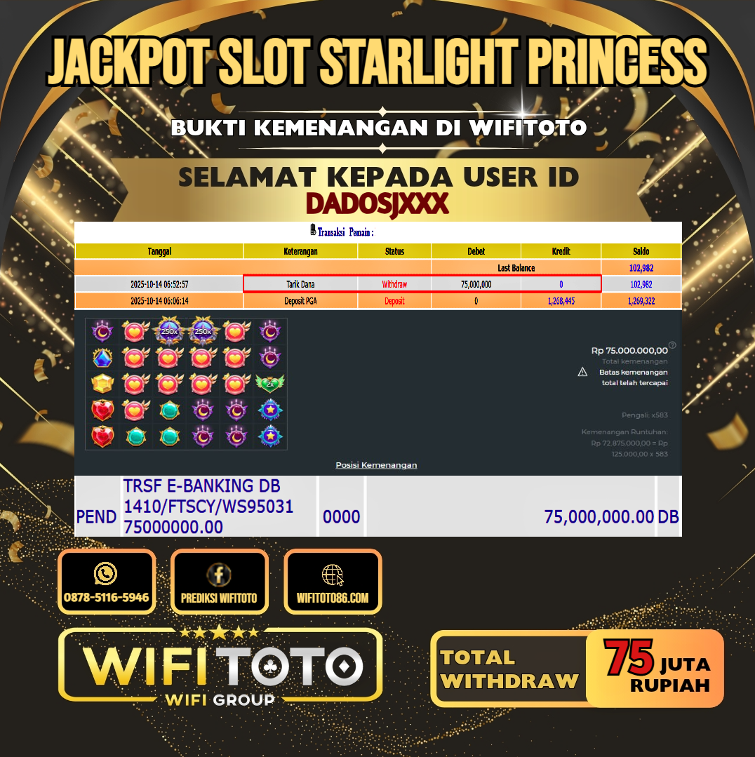WIFITOTO JACKPOT SLOT STARLIGHT PRINCESS RP.75.000.000.,-LUNAS USER ID : DADOSJ***