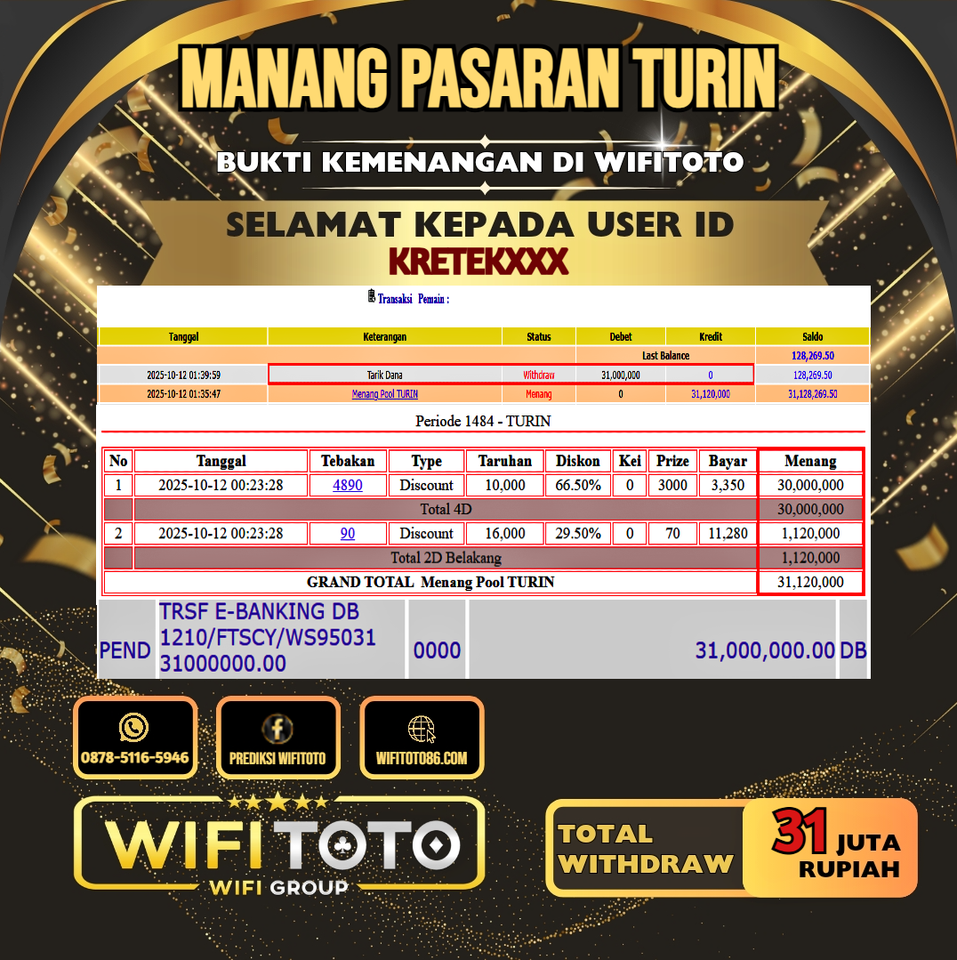 WIFITOTO JACKPOT TOGEL PASARAN TURIN RP.31.000.000.,-LUNAS USER ID : KRETEK***
