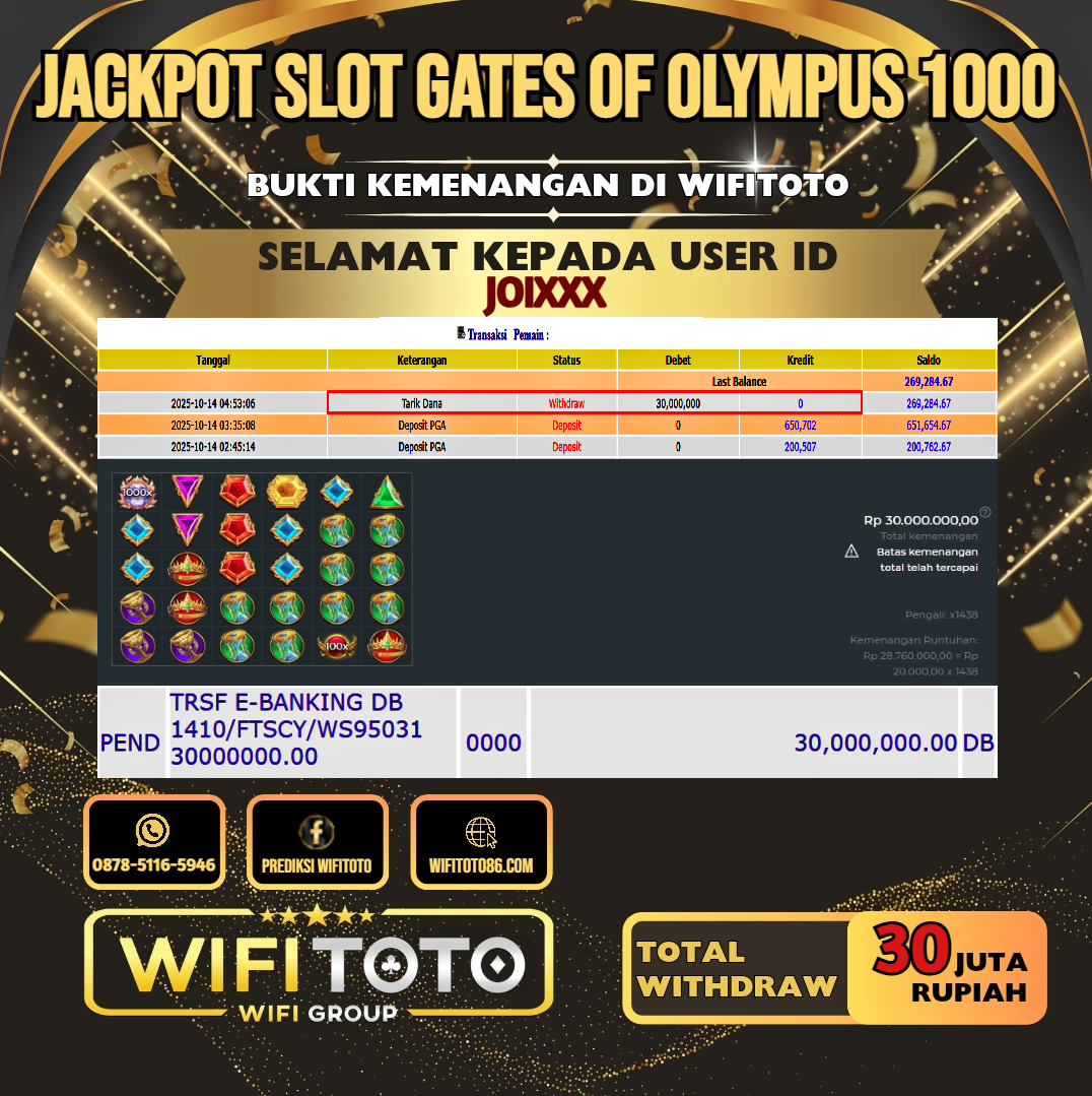 WIFITOTO JACKPOT SLOT GATES OF OLYMPUS 1000 RP.30.000.000.,-LUNAS USER ID : JOI***