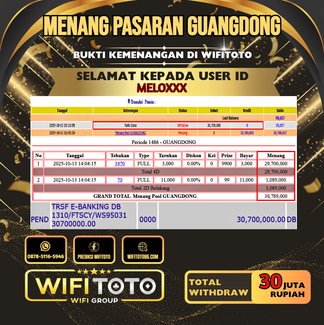 WIFITOTO JACKPOT TOGEL PASARAN GUANGDONG RP.30.000.000.,-LUNAS USER ID : MELO***